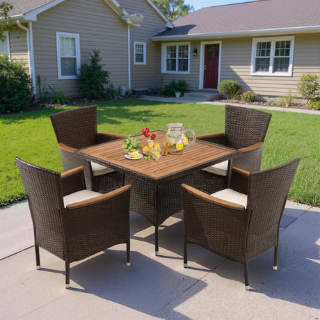 Wisteria Lane Patio Outdoor Table and Chairs Set, Rattan Outdoor Patio Furniture Set with Removable Cushions, Outdoor Patio Dining Sets with Acacia Wood Tabletop for Deck Garden Backyard, Brown Wisteria Lane