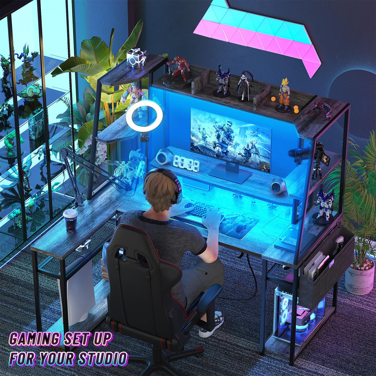 armocity L Shaped Gaming Desk with Hutch & Shelves, 47'' Gaming Computer Desk with LED Lights & Outlets, PC Gaming Desk with Storage & Monitor Stand, Grey Oak armocity