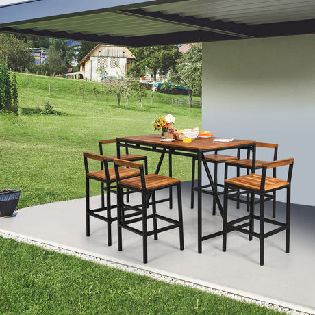 7-Piece HAPPYGRILL Acacia Wood Patio Bar Set with Umbrella Hole and 6 Ergonomic Stools HAPPYGRILL