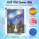 SuanFA Black cat 5D Diamond Art Kits for Beginners, Adult Diamond Art Animals in Galaxy with Stars, Planets, DIY Home Decor Cute Cat Diamond Painting Canvas Kits 12x16in SuanFA