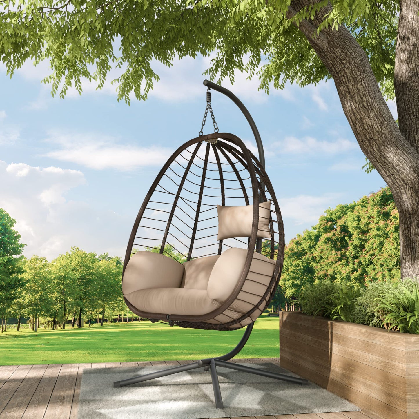 ALAULM Egg Swing Chair Outdoor Indoor Wicker Rattan Hanging Chair with Stand 350lbs Capacity w/Strong Frame & UV Resistant Cushions for Patio Balcony Bedroom (Brown)