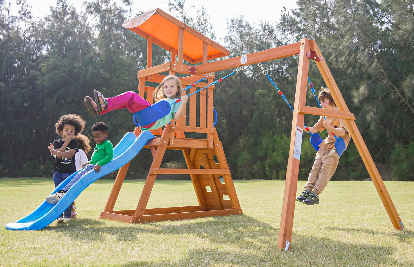 Dolphin Playground Wooden Swing Sets for Backyard, Playground Sets for Backyards with Slide, Sandbox, Climbing Wall, and 2 Belt Swings, Outdoor Playset, Backyard Playground Set, Ages 2-6