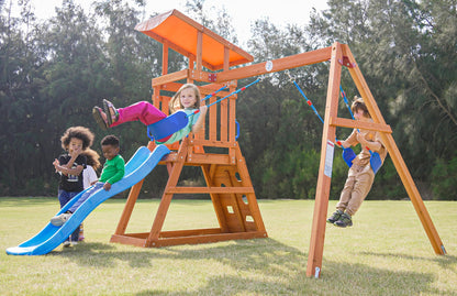 Dolphin Playground Wooden Swing Sets for Backyard, Playground Sets for Backyards with Slide, Sandbox, Climbing Wall, and 2 Belt Swings, Outdoor Playset, Backyard Playground Set, Ages 2-6