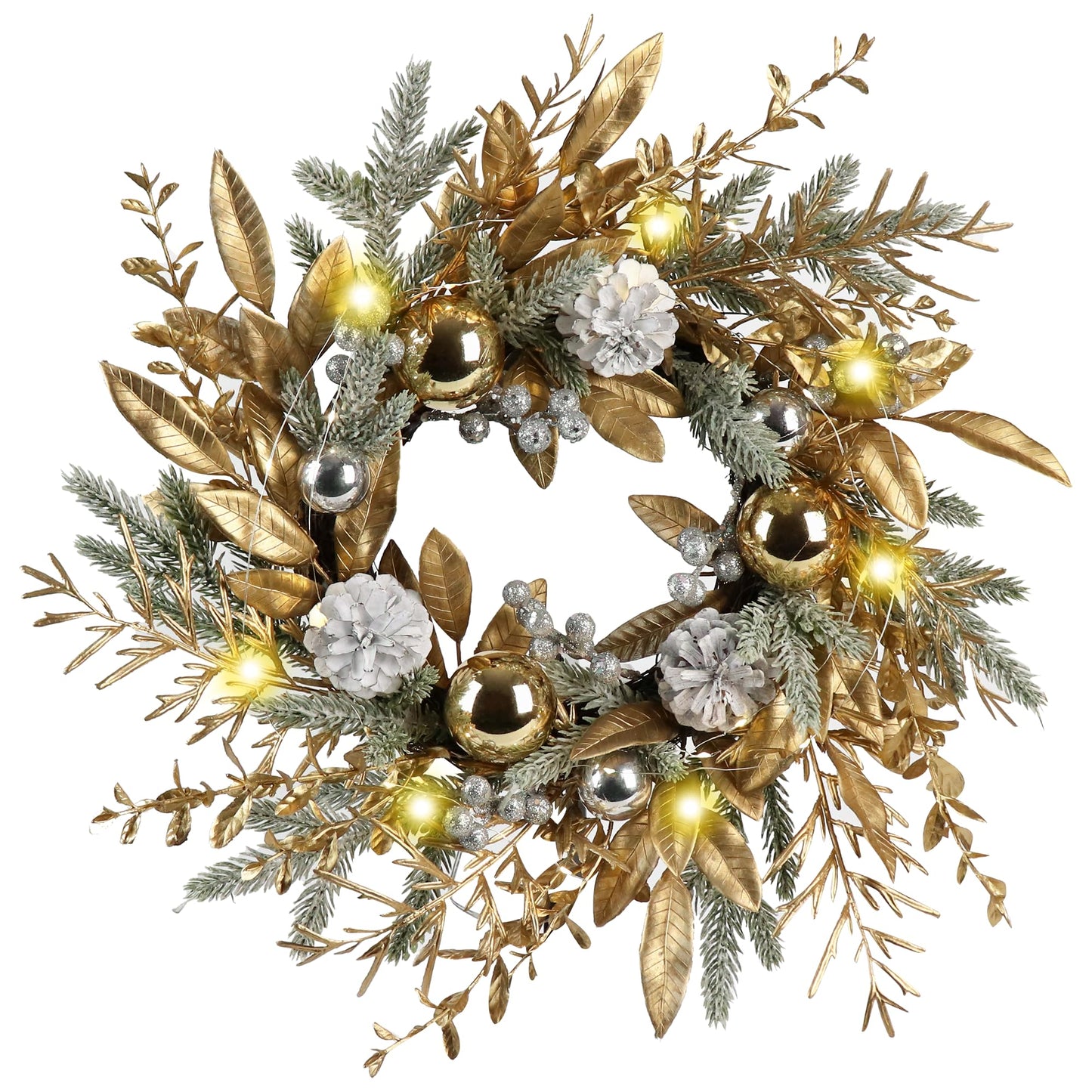 Zavothy Christmas Wreath 20 Inch Christmas Door Decorations Wreath with Warm Lights,Christmas Balls, Pine Cones, Golden Twigs, Pine Needles and Silver Berries for Door Window Outdoor Home Decoration