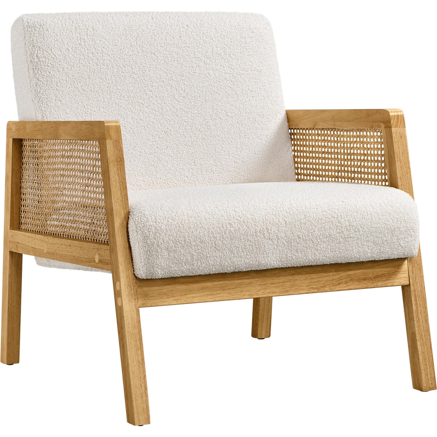 Yaheetech Boucle Fabric Accent Chair, Vintage Rattan Vanity Chair with Wood Armrest and Legs for Living Room Bedroom Makeup Room, Ivory 1 - WoodArtSupply