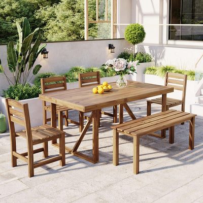 RuiSiSi Outdoor Dining Table Set for 6, Acacia Wood Patio Dining Table Set with Bench and Chairs for Balcony, Backyard, Garden, Natural