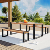 3 PC Outdoor Dining Set with 2 Benches, Acacia Wood Tabletop & Steel Frame, All-Weather Patio Furniture for Backyard, Garden, or Indoor Use, Natural pidock