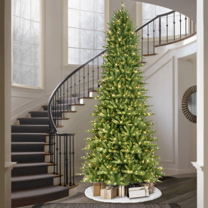 Puleo International 12 Foot Pre-Lit Slim Fraser Fir Artificial Christmas Tree with 1,200 UL Listed Clear Lights, Green