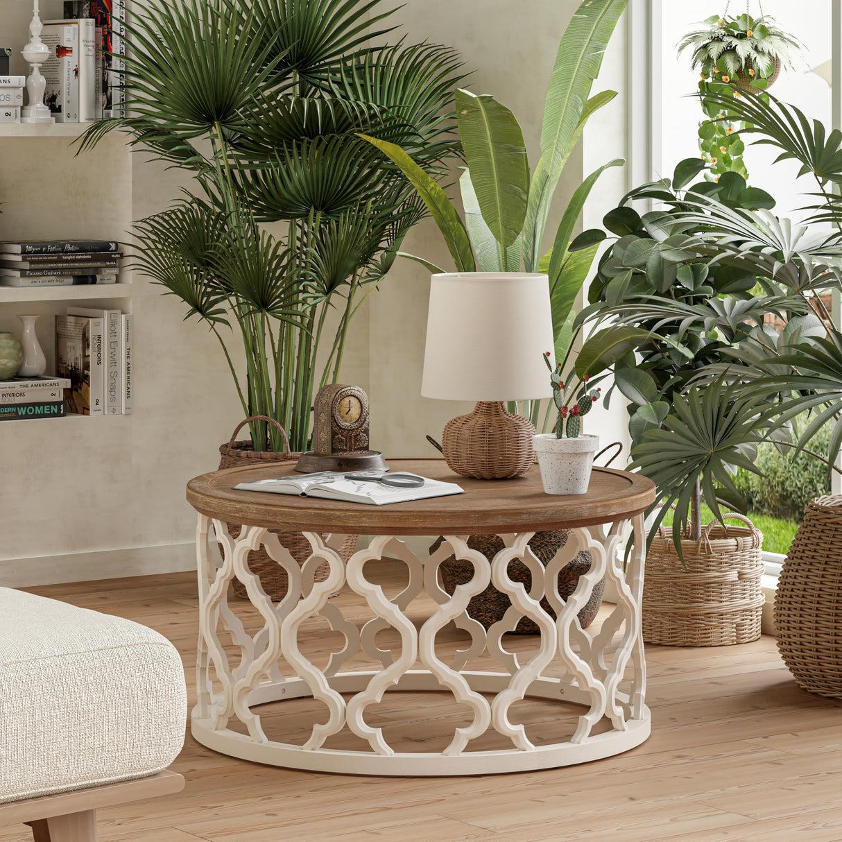 COZAYH Farmhouse Coffee Table, Distressed Tray Top Table with Curved Motif Frame Base for Boho, Rustic, French Country Decor, Round, White COZAYH