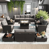 LayinSun 15 Pieces Patio Furniture Set with Fire Pit Table, Black Rattan Modular Sectional Outdoor Conversation Sofa Set, Swivel Rocking Chairs Set LayinSun