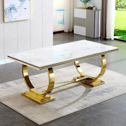 Henf 78.7" Luxury Marble Dining Table for 6-8 People White Gold Genuine Marble Kitchen Table with Mirrored Finish Stainless Steel Base, Contemporary Modern Large Long Dining Room Table (Table - WoodArtSupply