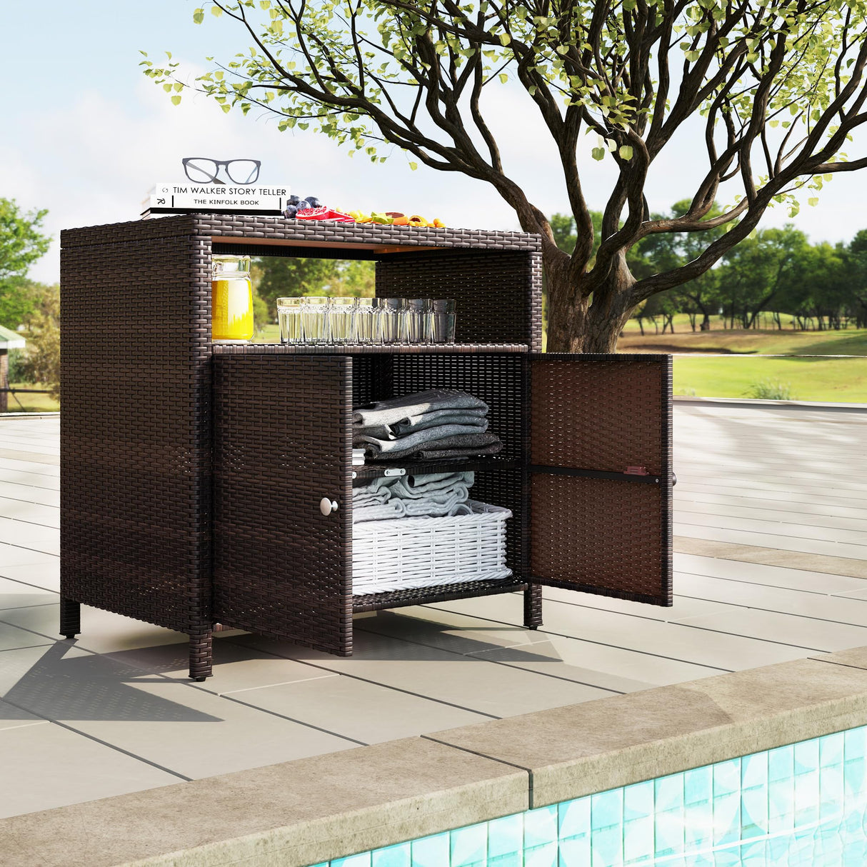 Outsunny Wicker Outdoor Storage Cabinet, Rattan Outdoor Bar Table with Acacia Wood Countertop, 2 Doors and Shelf, Buffet Cabinet Sideboard for Poolside, Garden, Patio, Backyard, Brown Outsunny