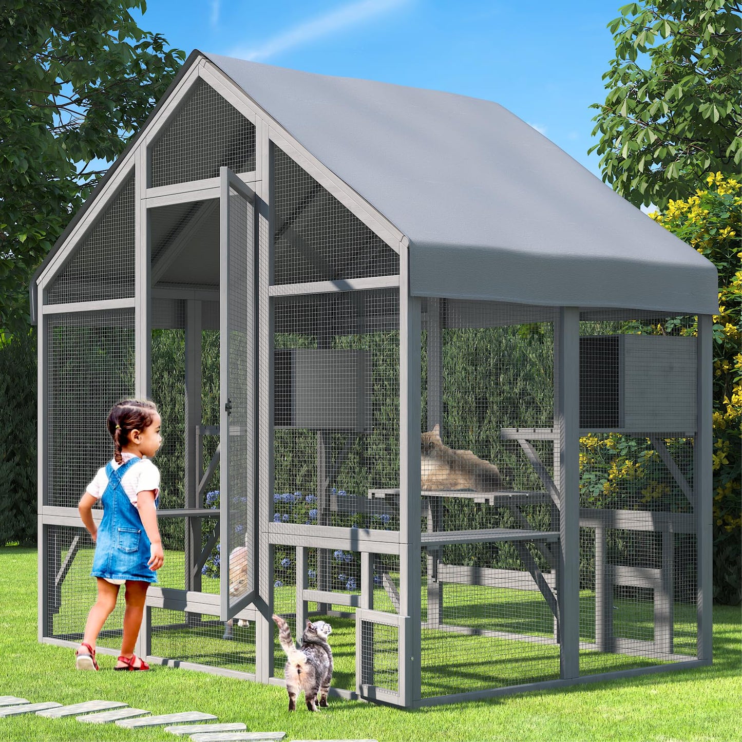 TIMHAKA Catio Outdoor Cat Enclosure, Large Outdoor Catio for Multiple Cats with 7 Platforms, 2 Resting Box, Wooden Cat Catio for Patio, Outside Cat House with Weatherproof Cover, 71 x 49 x 71 - WoodArtSupply