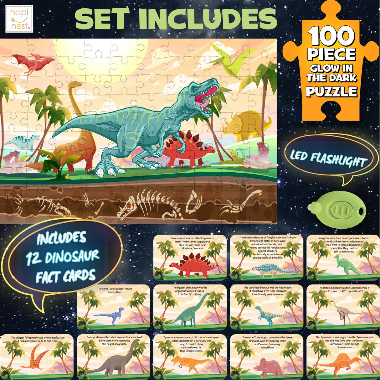 Hapinest Glow-in-The-Dark Dinosaur Jigsaw Puzzle for Kids, 100 Piece Puzzles for Kids Boys and Girls Gifts Ages 5 6 7 8 9 10 11 12 Years Old & Up, Includes 12 Dinosaur Fact Cards & LED Mini Flashlight Hapinest