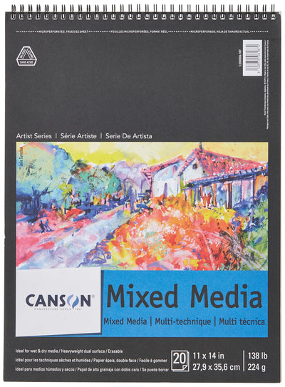 Canson Artist Series Mixed Media Paper, Wirebound Pad, 11x14 inches, 20 Sheets (138lb/224g) - Artist Paper for Adults and Students - Watercolor, Gouache, Graphite, Ink, Pencil, Marker