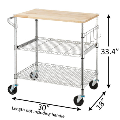 Finnhomy 3-Tier Rolling Kitchen Cart with 18" D x 30" W Oak Wood Tabletop, Kitchen Island Cart with 4" Wheels and Slider Shelf, Microwave Cart & Coffee Cart with Hooks for Dining Room, Chrome