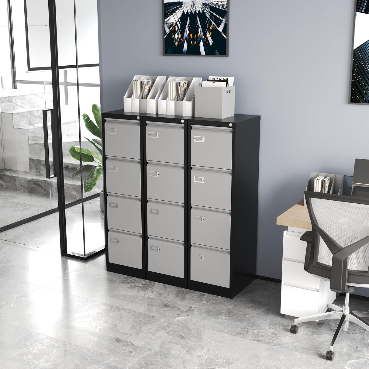 Fesbos File Cabinets - 4 Drawers Vertical 17.8" Deep Lockable Filing Cabinet - Black & Gray Metal Storage Cabinets for Home Office to Hanging Files Letter/Legal/F4/A4 Size Fesbos