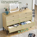 Modern 6 Drawer Dresser with Natural Rattan Drawers, Industrial Wood Double Dresser for Bedroom with Sturdy Steel Legs, Closet Storage Dressers Organizer TV Stand Dresser for Living Room Hallway Yechen