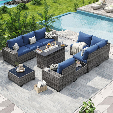 Aoxun Patio Furniture Sets with 44'' Fire Pit, 10 Pcs Outdoor Patio Coversation Set with 4'' Thicken Cushion, Widen Armrests Wicker Outdoor Sectional for Backyard (Waterproof Cover Include) Aoxun