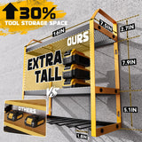 Ferreteriai Power Tool Organizer Wall Mount with Broom Holder Combo, Yellow & Black 3-Tier Garage Storage Rack with Battery Storage, 4 Drill Holder Slots, Heavy Duty Steel 150LB Capacity Ferreteriai