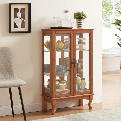 nifoti 43" H Lighted Curio Cabinet Display Case, Glass Curio Cabinet with Adjustable Shelves and Tempered Glass Door, Wooden Curio Cabinet w/Mirrored Back Pane for Living Room (Oak) nifoti