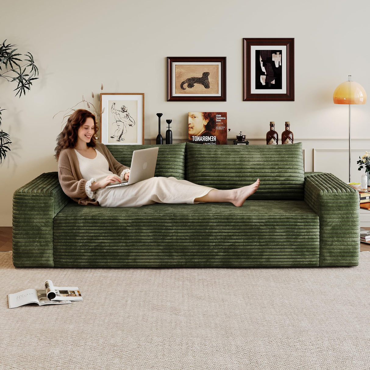 PUQEOAO 71" Loveseat Sofa in a Box,Plush Corduroy Fabric Deep Seat Couch,No Assembly Required,Space-Saving Design,Comfy Seater Sofa for Living Room, Apartment, Bedroom & Office,Modern,Green PUQEOAO