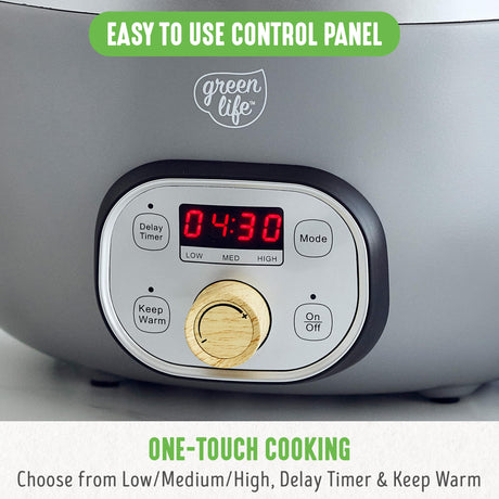 GreenLife 6 Quart Ceramic Slow Cooker, PFAS-Free Programmable Removable Healthy Nonstick Pot for Family Meals, Sear on Stovetop Keep Warm, Digital Timer, Dishwasher Safe Glass Lid & Crock, Quartz Grey GreenLife