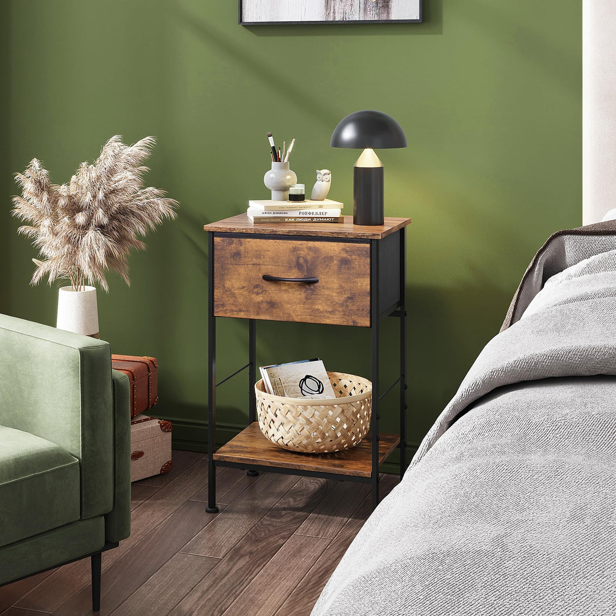 WLIVE Nightstand, Bedside Side Table for Bedroom, Dorm with Steel Frame, Night Stand End Table with Fabric Storage Drawer, Easy Assembly, Rustic Brown Wood Grain Print, 11.73''D 15.67''W 25.03" H WLIVE