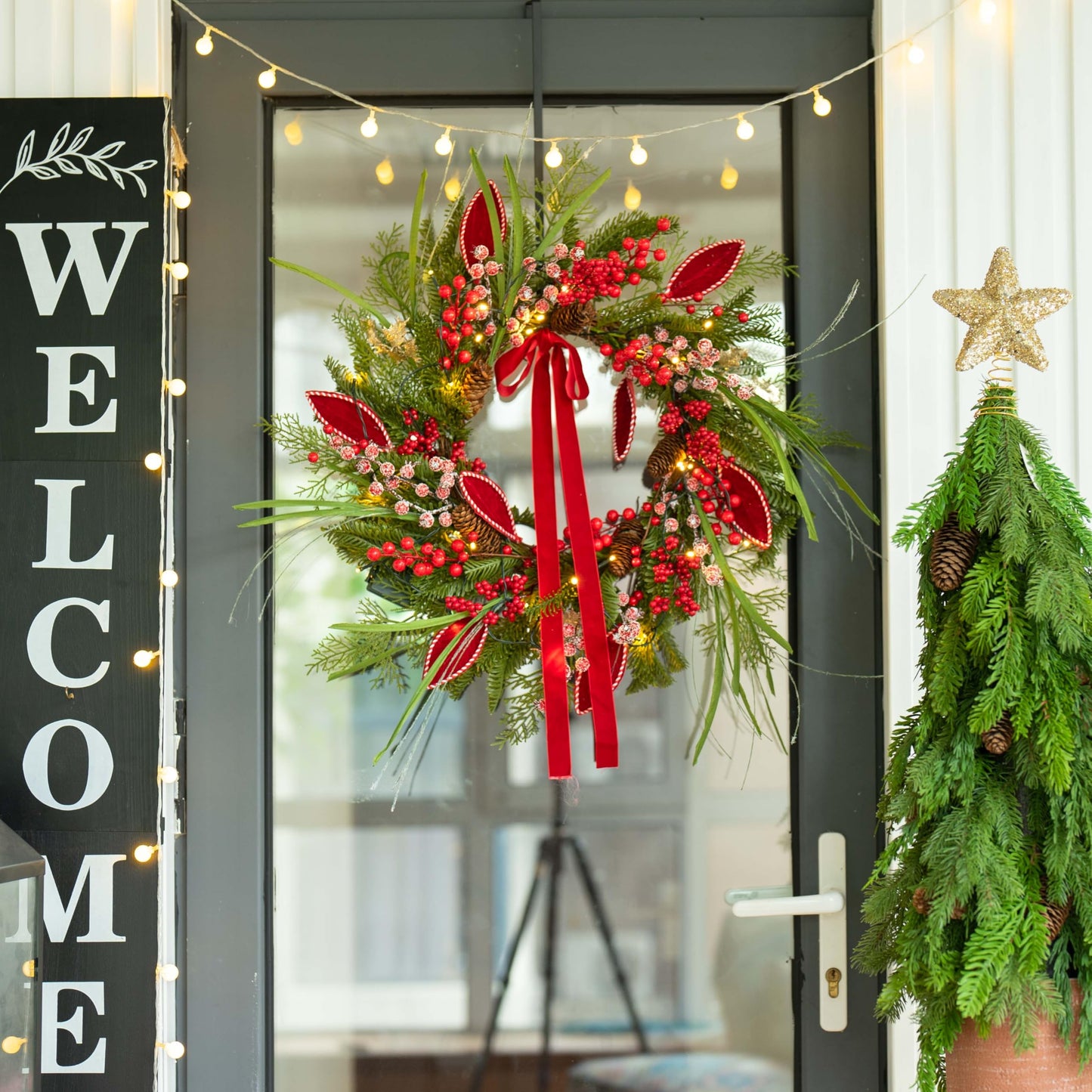 Pre-lit Christmas Wreath with Lights,Outdoor Christmas Wreaths for Front Door-22 Inch Xmas Door Wreath with Pine Needles Pine Cones and Red Berries- Farmhouse Home Christmas Decorations