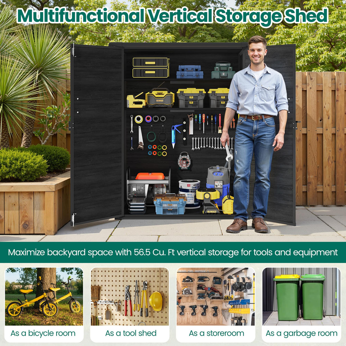 Outdoor Resin Storage Shed with Floor, Lockable Vertical Tool Shed, Weather-Resistant Garden Storage Cabinet for Backyard Patio (Dark Gray) SEGMART