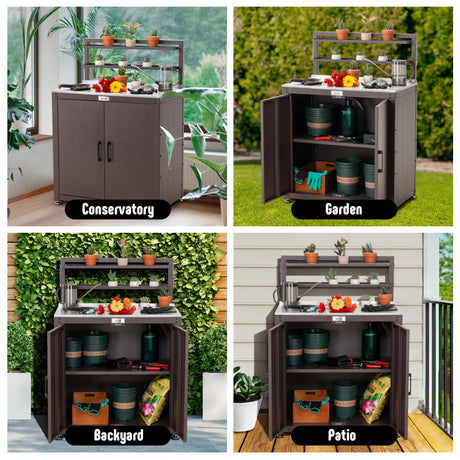 Garden Potting Bench with Storage Cabinet,Outdoor Gardening Table & Work Bench for Plants, Horticulture,Outdoor Workstation with Stainless Steel Tabletop,Outdoor Work Table with Elevated Rack Feasto