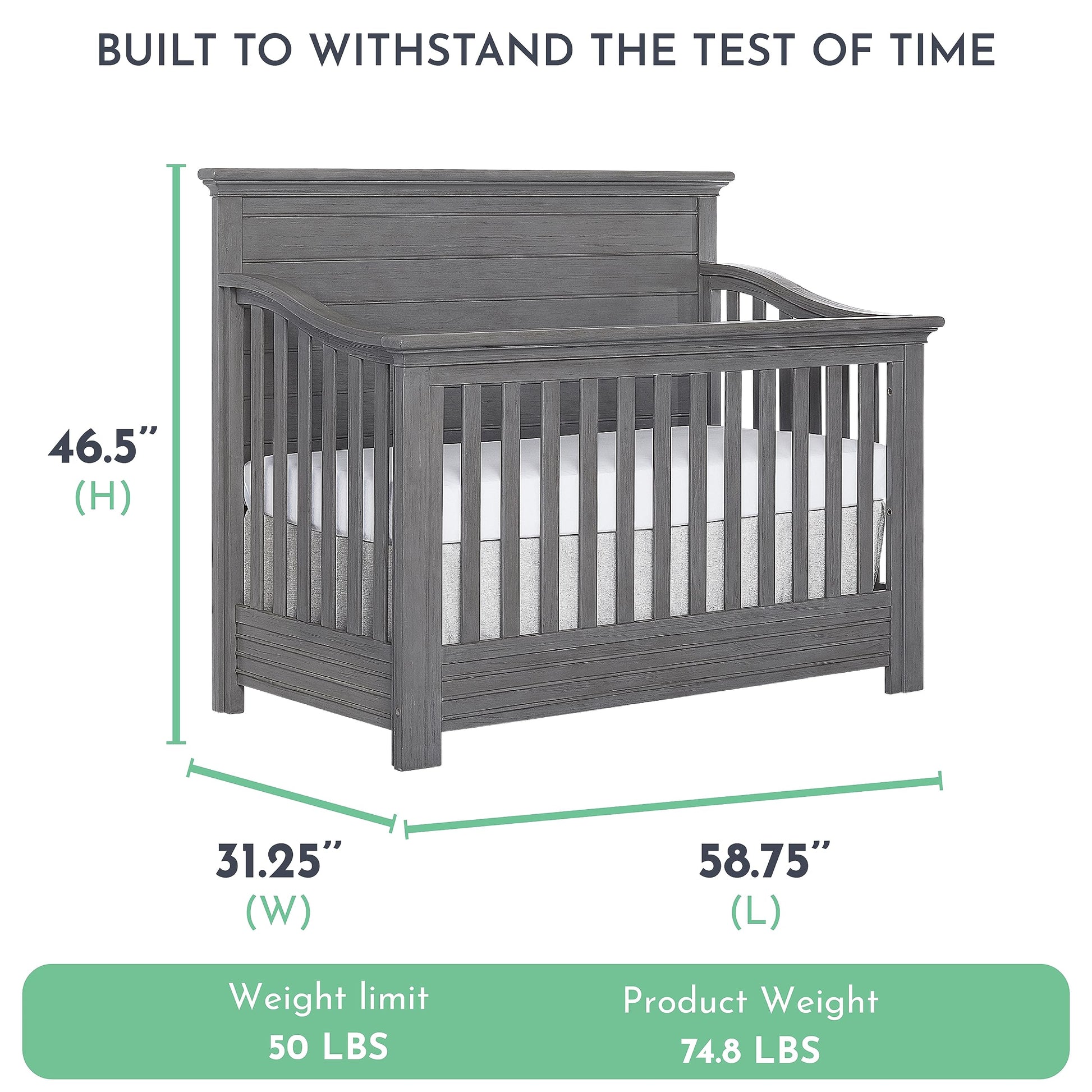 Evolur Waverly 5-in-1 Full Panel Convertible Crib in Rustic Grey, Greenguard Gold Certified , 58.75x31.25x46.5 Inch (Pack of 1) - WoodArtSupply