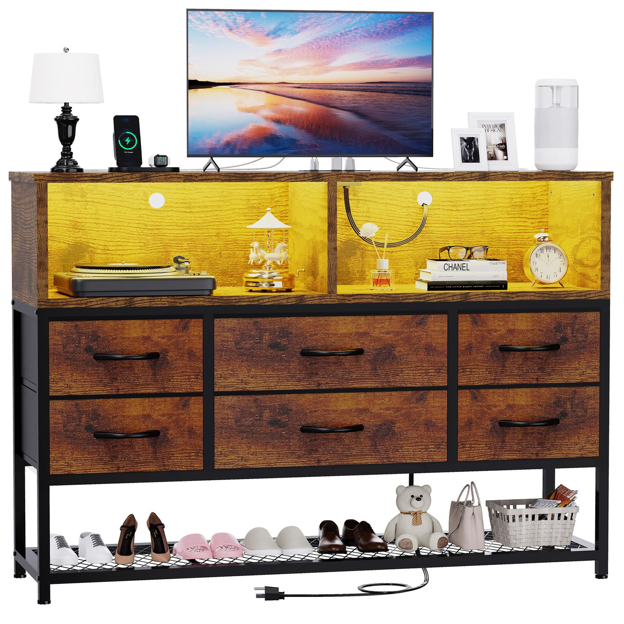 eiskah Dresser for Bedroom, 6 Drawers Led Dresser TV Stand with Power Outlets and LED Lights, Long Fabric Dressers Wide Chest of Drawers with Large Organizer Shoe Rack for Living Room, Entryway eiskah