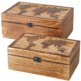WHW Whole House Worlds World Map Boxes, Set of 2, Handmade, Mango Wood, Decorative, Raised Relief Details, 11.75 Inches WHW Whole House Worlds