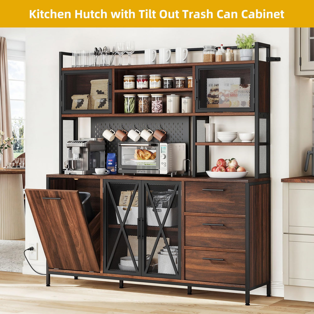DWVO Kitchen Pantry Cabinet with Trash Can Cabinet, Large Microwave Stand w/Power Outlet, Kitchen Hutch Storage Cabinet Metal Frame Kitchen Cupboard, Rustic Brown, 63" W x 15.7" D x 69" H DWVO
