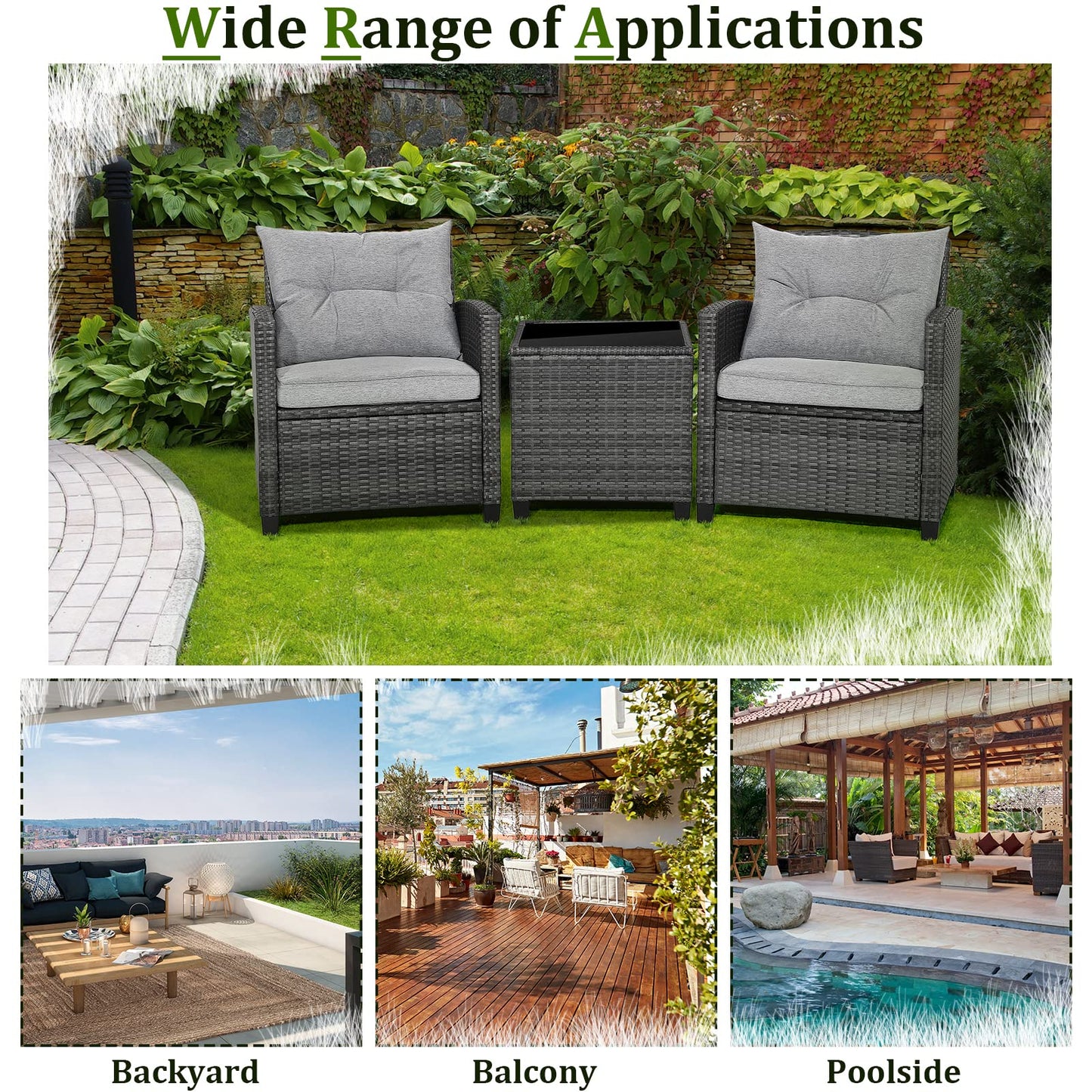 RELAX4LIFE Wicker Patio Furniture Sets - 3 Pieces Rattan Sofa Set, Outdoor Conversation Set with Tempered Glass Tabletop, Heavy-Duty Steel Frame, Wicker Chair Set for Poolside, Backyard, Grey - WoodArtSupply