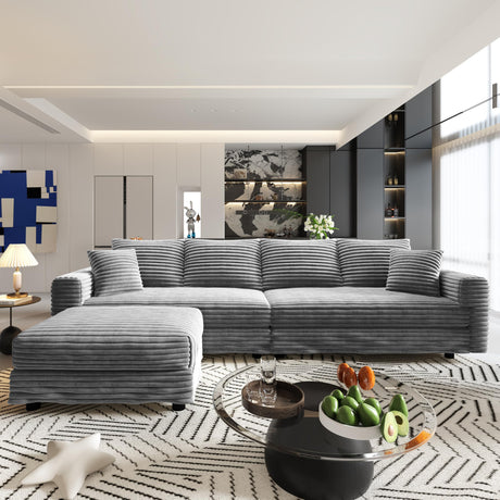 4 Seater Oversized Sectional Sofa with Movable Ottoman, 104" Plush Corduroy Upholstered Cloud Sofa Couches, 2-in-1 Convertible Lounge Sleeper Sofabed w/ 6 Throw Pillows for Living Room Apartment Eafurn