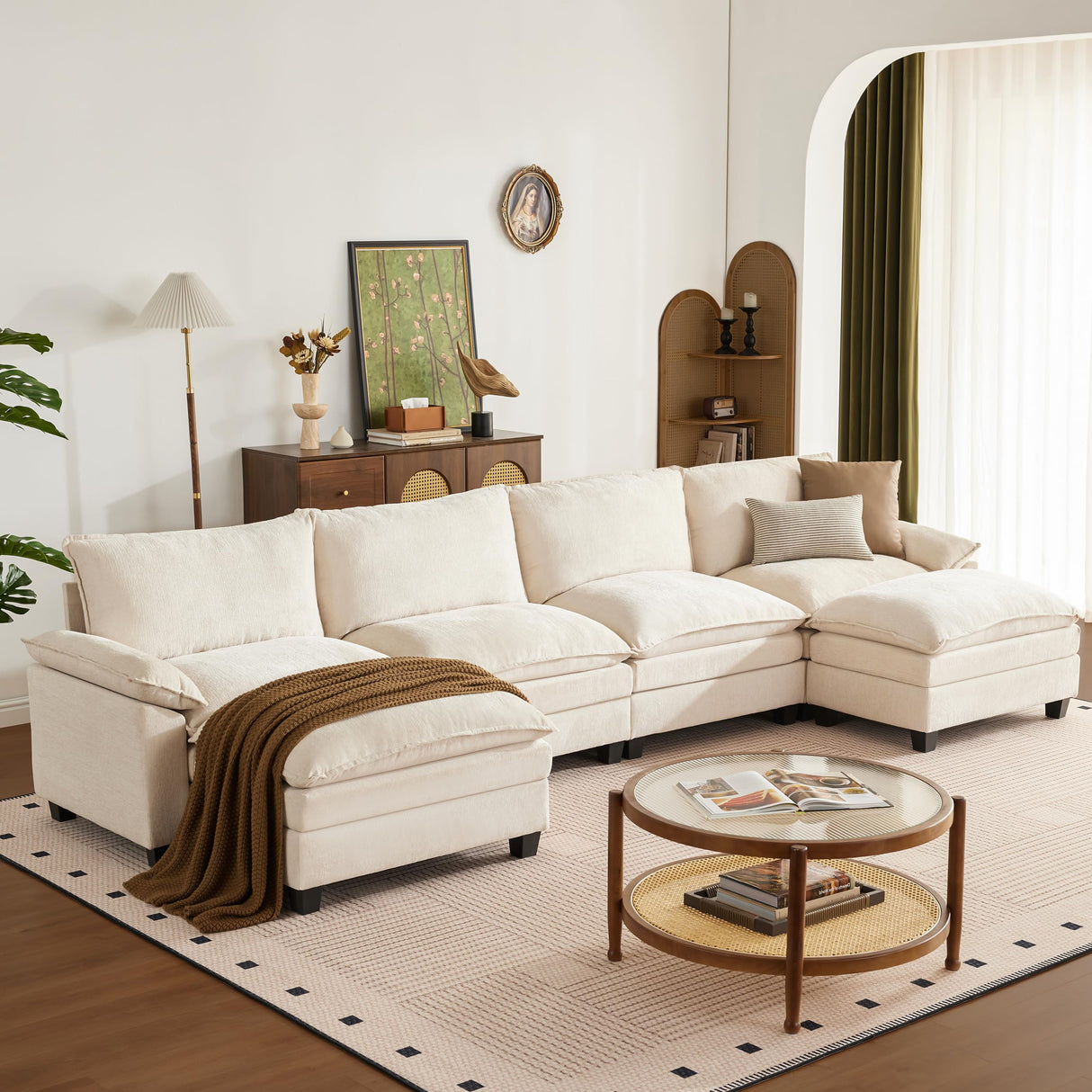 SUAWY 147 Inch Big Comfy Couch with Ottoman, 6 Seat U Shaped Couches, Cloud Modular Sectional Sofa, Modern Cloud Couch Sectionals, Sectional Couches for Living Room, Oversize Deep Seat Sofa, Beige SUAWY