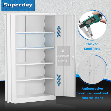 Superday 71" Lockable Steel Storage Cabinet, Locking Metal Storage Cabinets, Tall White Cabinet with 2 Doors and 4 Adjustable Shelves for Garage, Superday