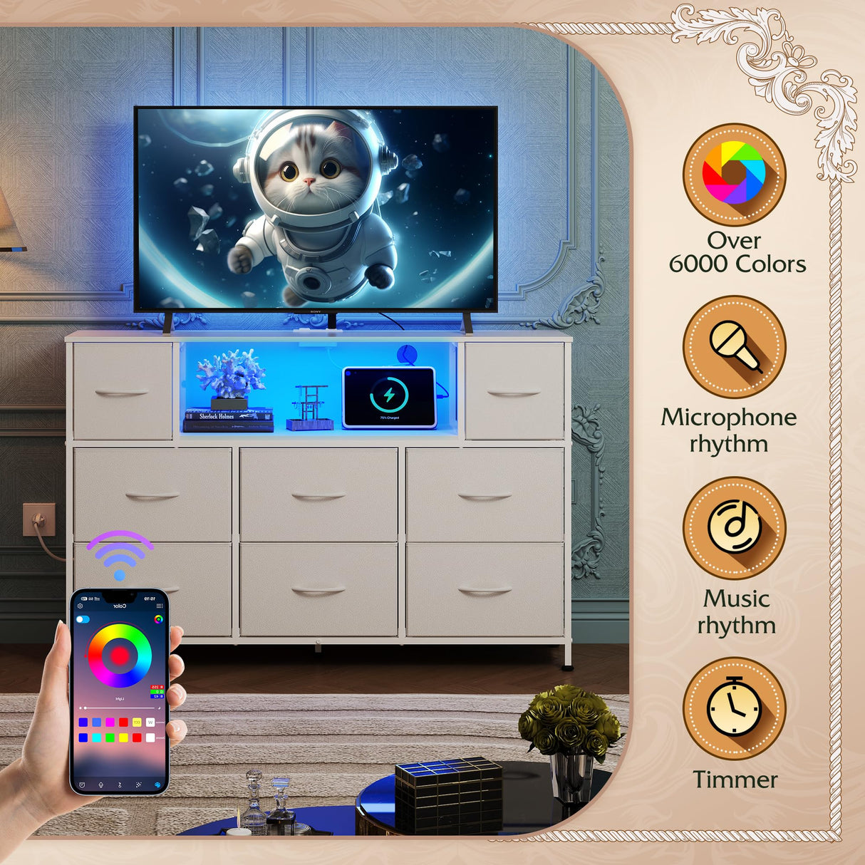 WLIVE White Dresser for Bedroom, TV Stand for Bedroom for 55 inch TV with Charging Station and LED Lights, Fabric Chest of Drawers with Open Shelves, 8 Drawers Dressers for Living Room, Closet WLIVE