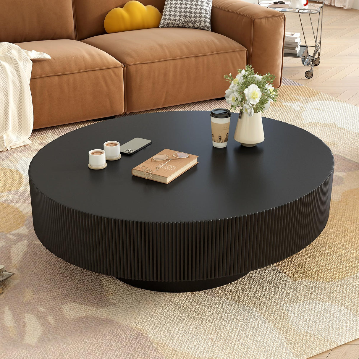 Merax Modern Round Coffee Table with Sturdy Base, Wood Center Tables for Living Room Reception Room, Easy Assemble, Black Merax