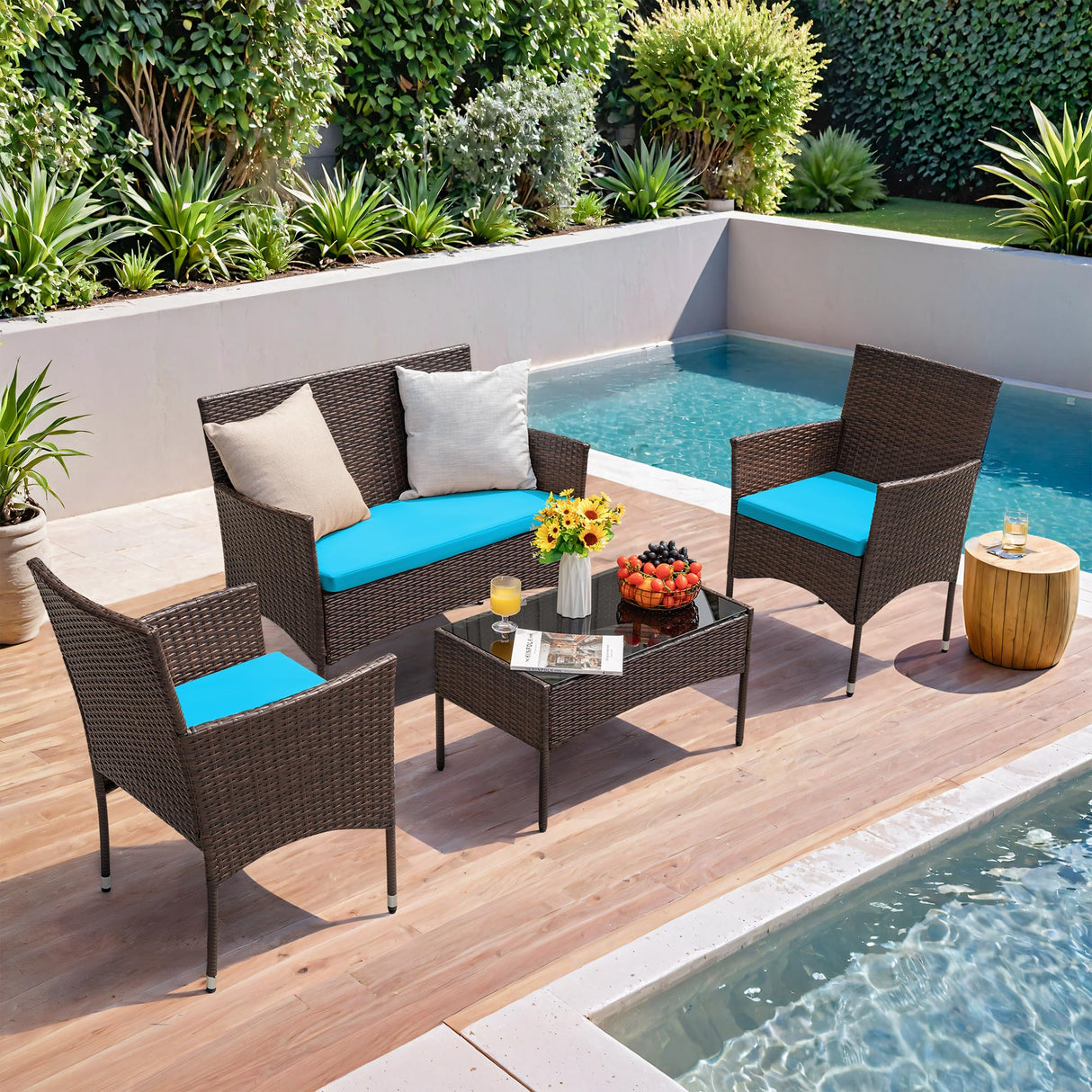 Homall 4 Pieces Patio Rattan Chair Wicker, Outdoor Indoor Use Backyard Porch Garden Poolside Balcony Furniture Sets (Blue) Homall