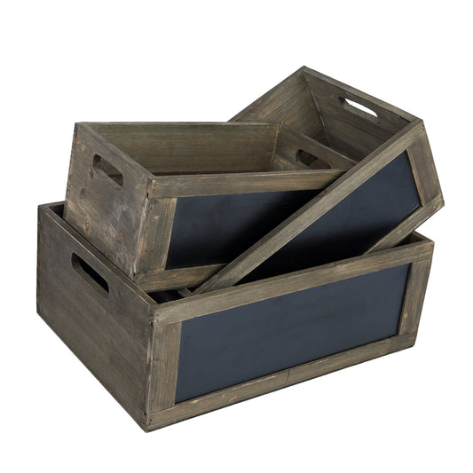 MyGift Rustic Brown Weathered Wood Nesting Storage Bins with Chalkboard Panel and Cutout Handles, Decorative Farmhouse Wooden Stackable Open Top Boxes, 3 Piece Set