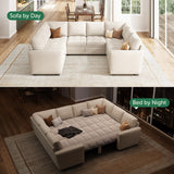 HONBAY Modular Sectional Sleeper Sofa with Pull Out Bed, Linen Convertible U Shaped Sectional Couch with Storage Seat, Sectional Couches for Living Room, Beige HONBAY