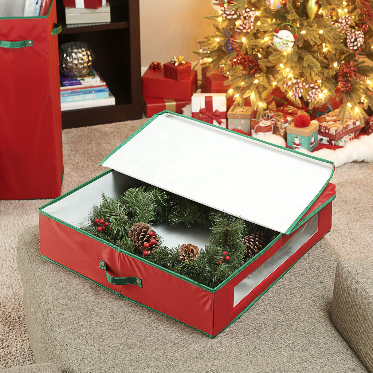 Household Essentials 24 inch Red Wreath Storage Container with Handles Green Household Essentials