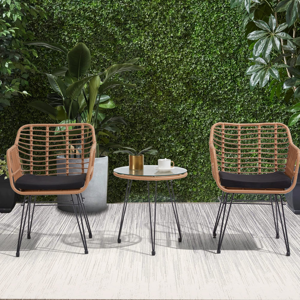 KROFEM 3 Pieces Wicker Patio Bistro Furniture Set, includes 2 Chairs and Glass Top Table, Ideal for Porch, Outdoor, Backyard, Apartment, Balcony Natural Color KROFEM