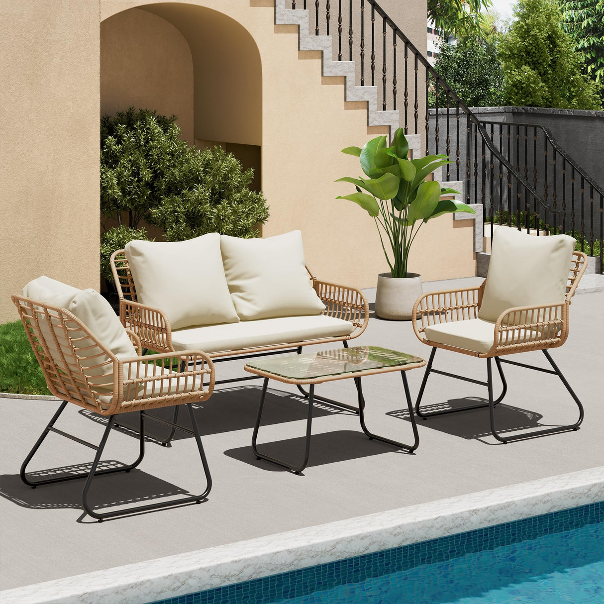 LEX CRAFT 4-Piece Outdoor Patio Furniture Set with Cushions & Tempered Glass Table, All-Weather Rattan Bistro Set with Loveseat Chairs Table Soft Cushions for Garden, Porch, Backyard (Beige) LEX CRAFT
