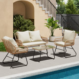 LEX CRAFT 4-Piece Outdoor Patio Furniture Set with Cushions & Tempered Glass Table, All-Weather Rattan Bistro Set with Loveseat Chairs Table Soft Cushions for Garden, Porch, Backyard (Beige) LEX CRAFT