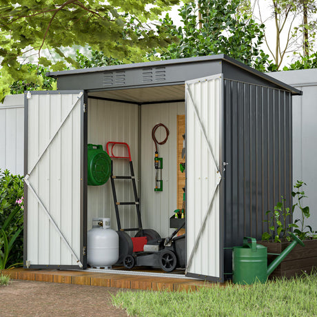 Jintop 6x4 FT Galvanized Steel Garden Sheds with Ventilation and Sloped Roof, Metal Storage Locker Includes A Lock,Key & Hinged Doors,2 Pairs of Gloves,for Tool,Equipment,Black Jintop