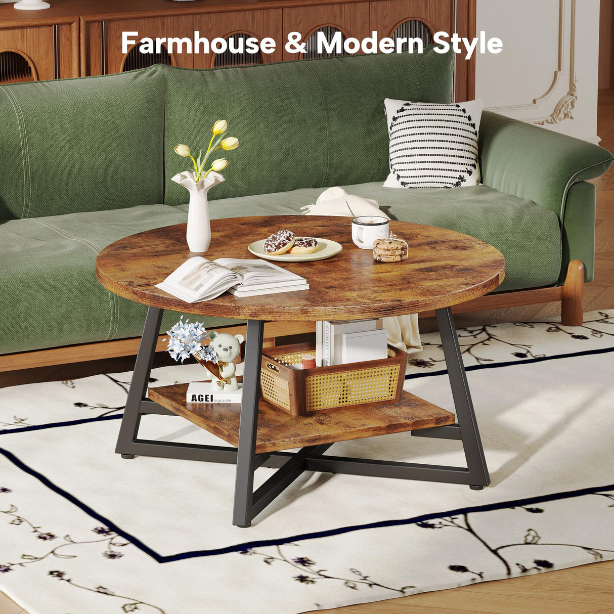 Round Coffee Table, Small Circle Coffee Table with Storage, Modern Wood Round Center Table for Living Room, Home Office, Small Space, Easy Assembly, Rustic Brown Homeiju